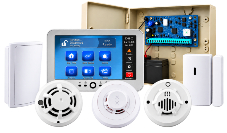 DSC Neo security system control panel with door/window sensor, motion detector, and smoke detectors in Metro Detroit and Michigan homes.