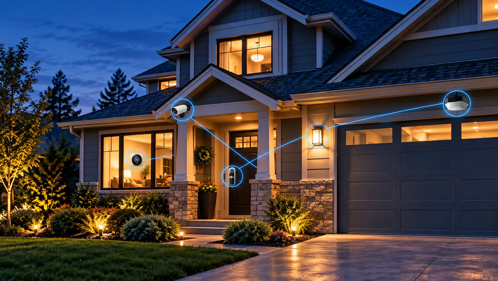 Smart home automation connecting a security camera, smart door lock, and garage door opener