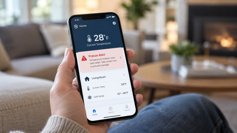 Smartphone displaying a freeze alert notification for home temperature monitoring