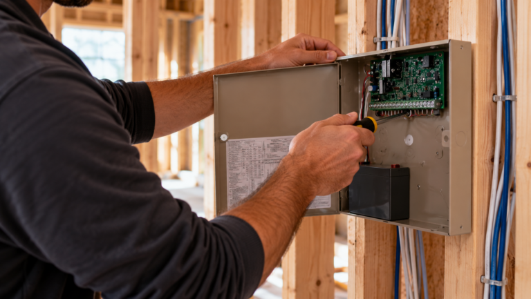 Technician installing a home security control panel during new construction for a Michigan home