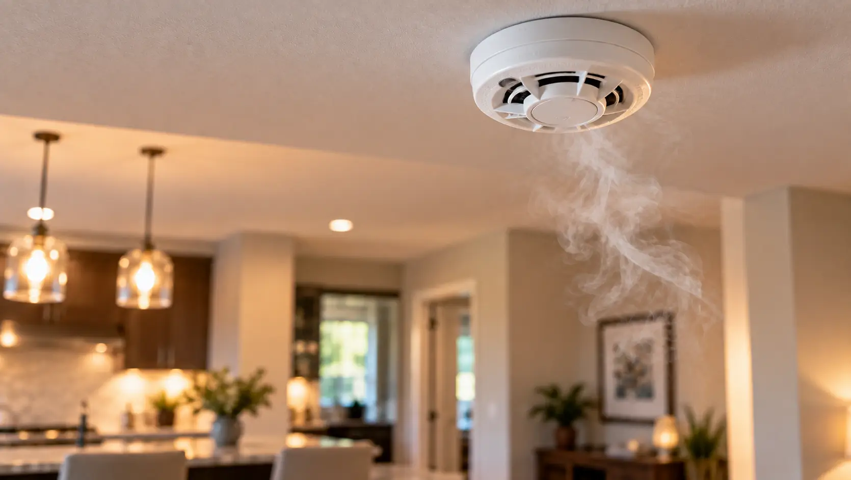 Ceiling-mounted smoke detector with visible smoke demonstrating residential fire detection