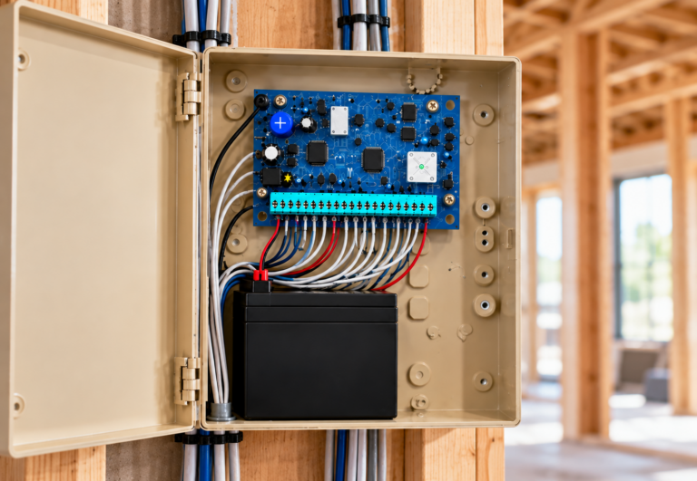 Security system control panel installed inside a Pointe Alarm equipment cabinet