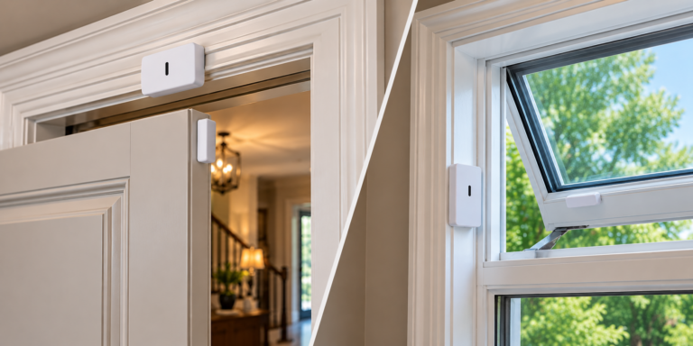 Door and window contact sensor installed as part of a Pointe Alarm security system