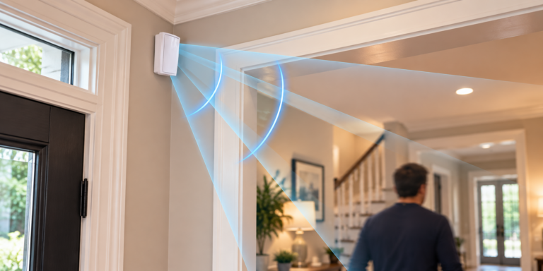 Motion detector sensor mounted as part of a Pointe Alarm security system