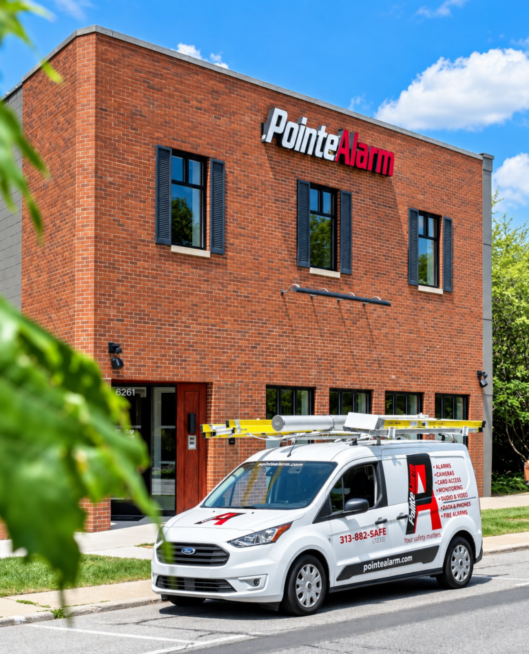 Pointe Alarm headquarters building and service van in Grosse Pointe, MI