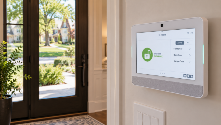 Wall-mounted security system touchscreen panel near a home entryway