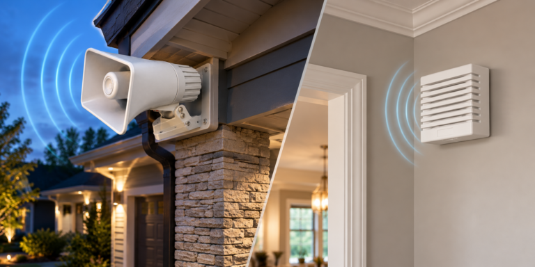 Outdoor security siren mounted on a home exterior as part of a Pointe Alarm system